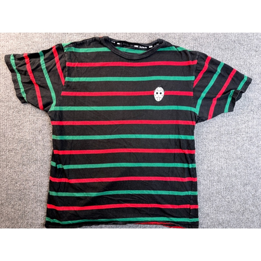 DGK Mens Large Black Red Green Striped Hockey Mask Graphic Skate T-Shirt L
